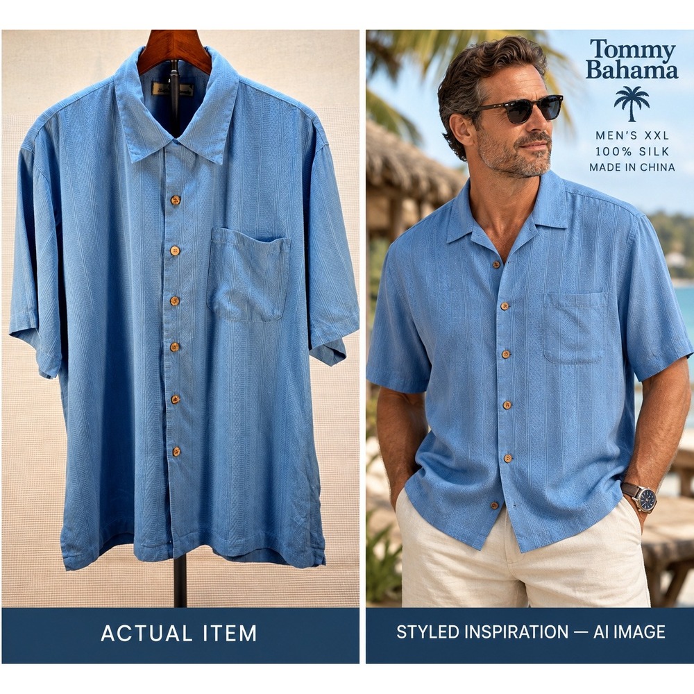 Tommy Bahama Men XXL Blue Silk Camp Shirt Textured Button Down Hawaiian Shirt